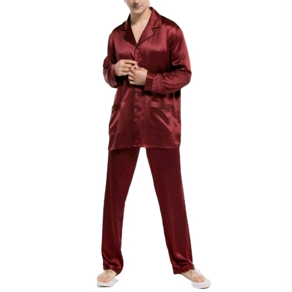 COLD POSH Men's Real Mulberry Silk Long Pajamas Set 2XL Burgundy Black Stripe - Picture 1 of 17